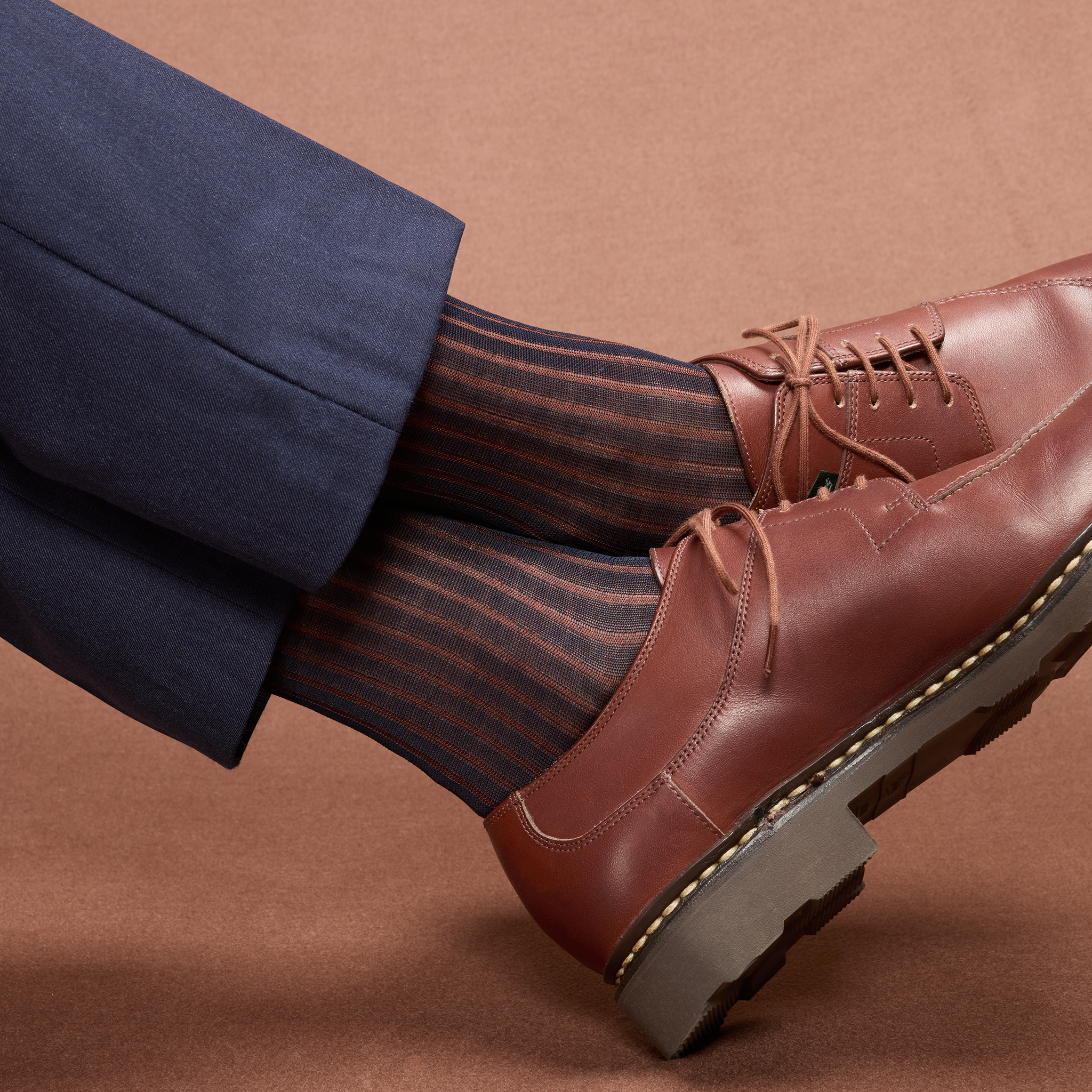 Navy blue high socks with brown stripes -Cotton lisle -Bresciani