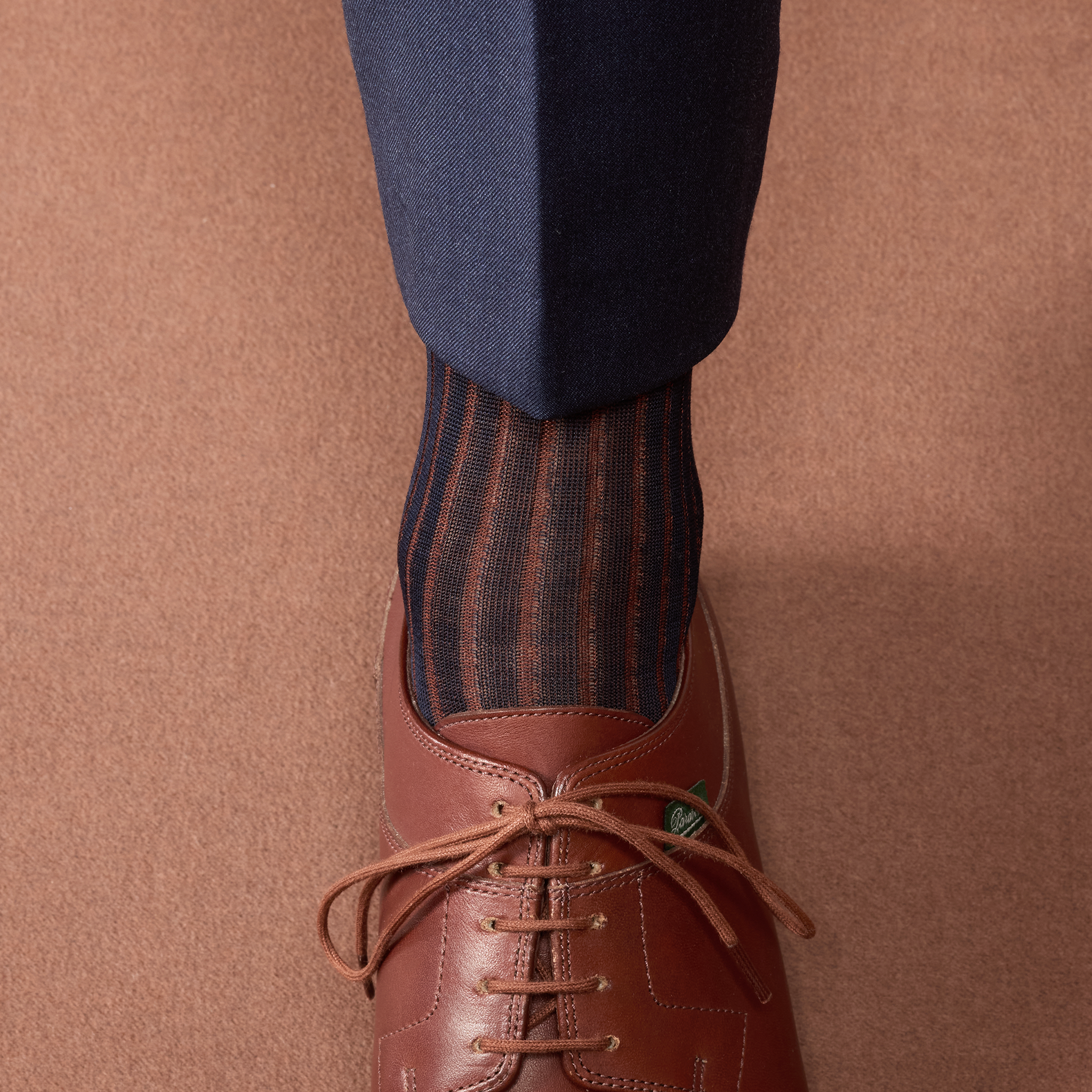 Navy blue high socks with brown stripes -Cotton lisle -Bresciani
