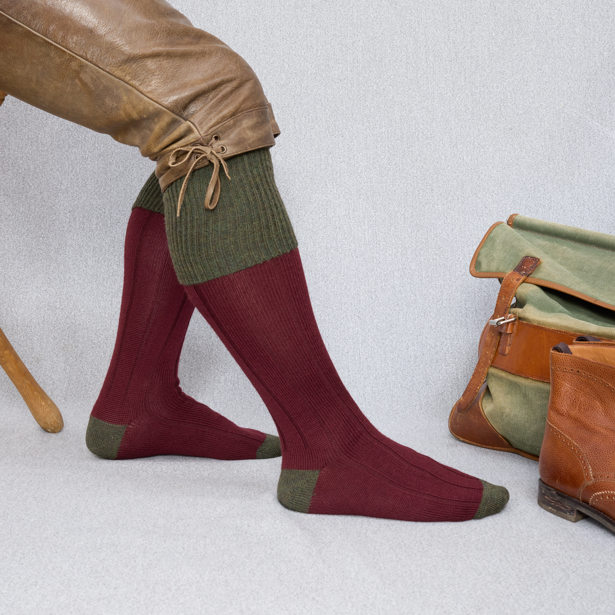 Mi-bas | Bordeaux & Kaki - Chasse - Laine Mérinos