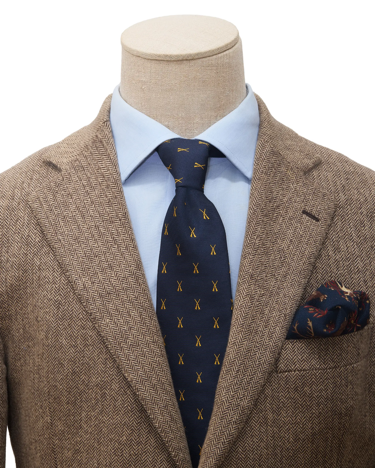 Krawatte mit Jagdmotiv – Marineblau & Gold – Seide