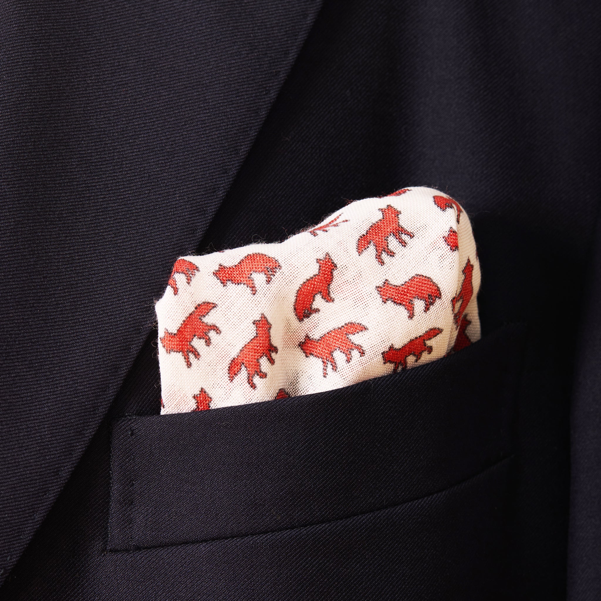 Einstecktuch Schnee & Rot - Fuchsmotiv - Wolle & Seide