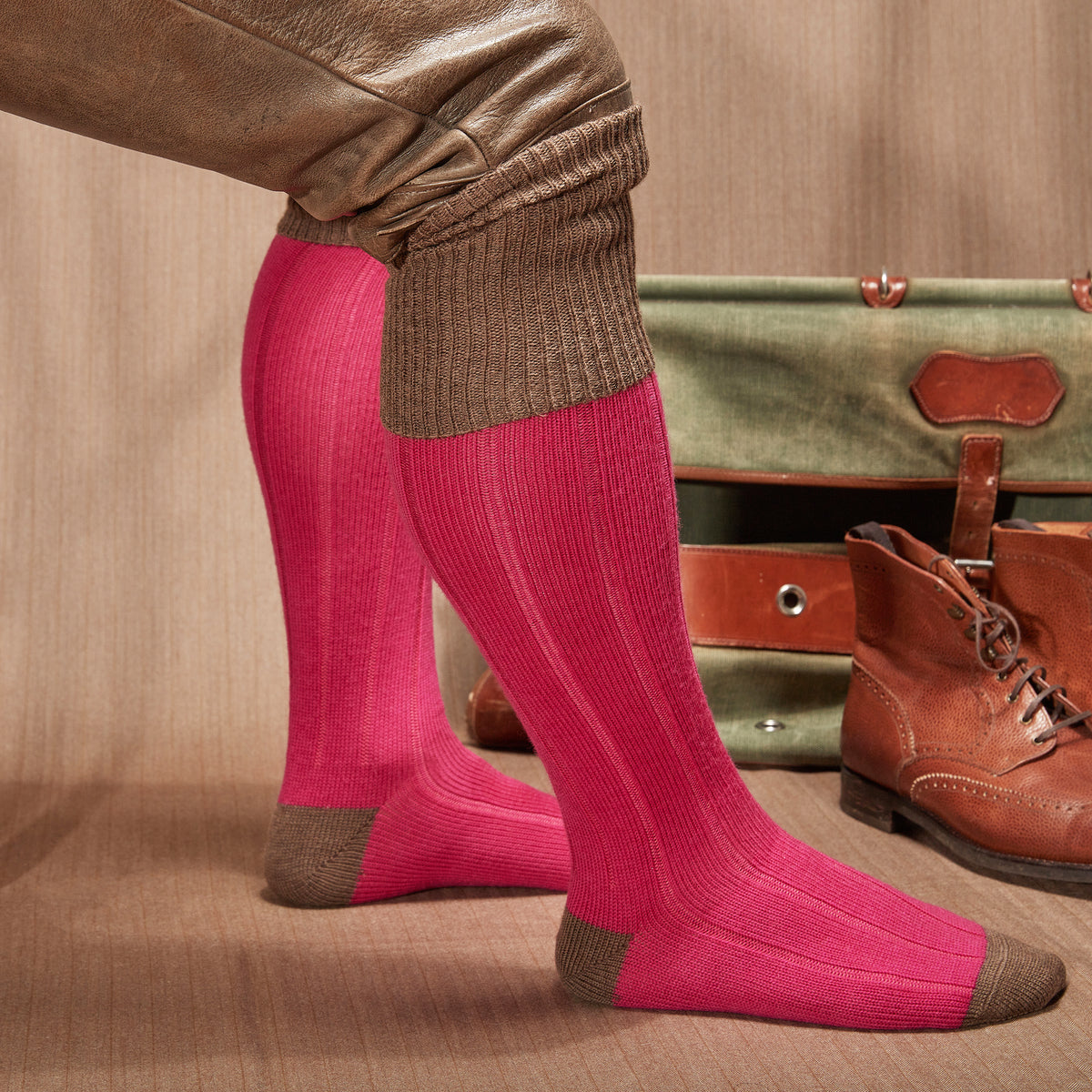 Mi-bas | Fuchsia & Taupe - Chasse - Laine mérinos