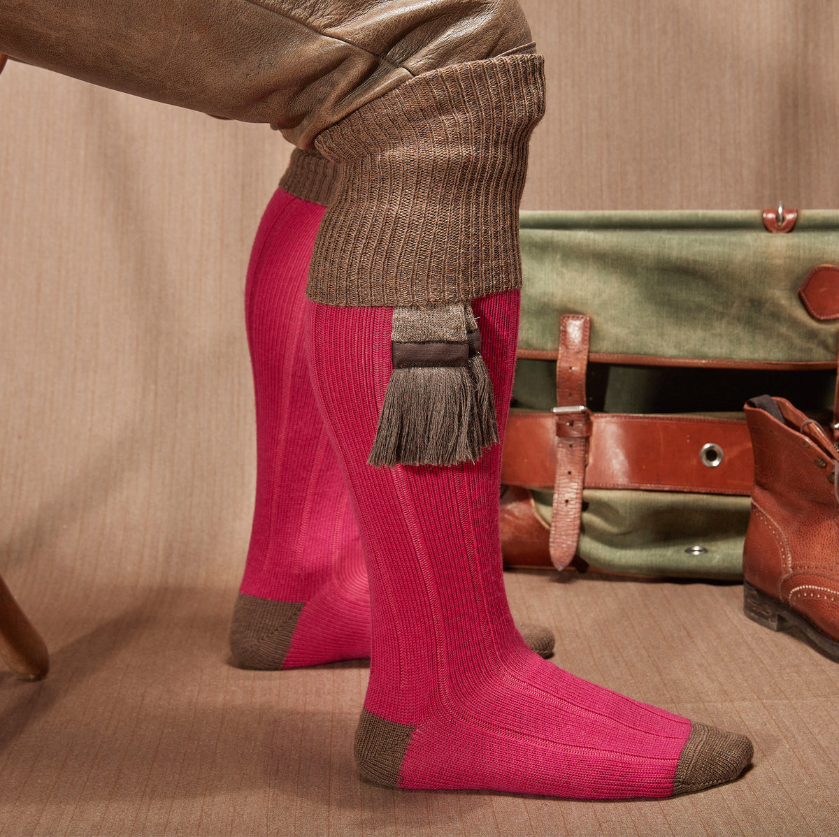 Mi-bas | Fuchsia & Taupe - Chasse - Laine mérinos