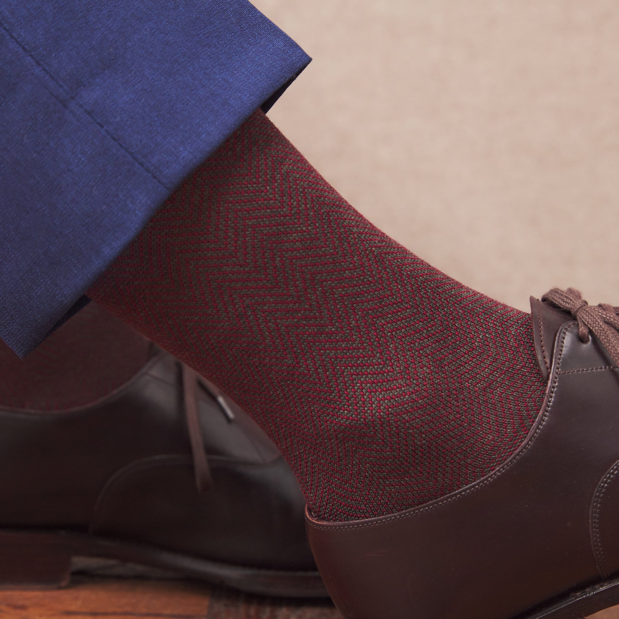 Khaki & Bordeaux - Fischgrätenmuster - Super-Solid Fil d'Écosse Baumwolle
