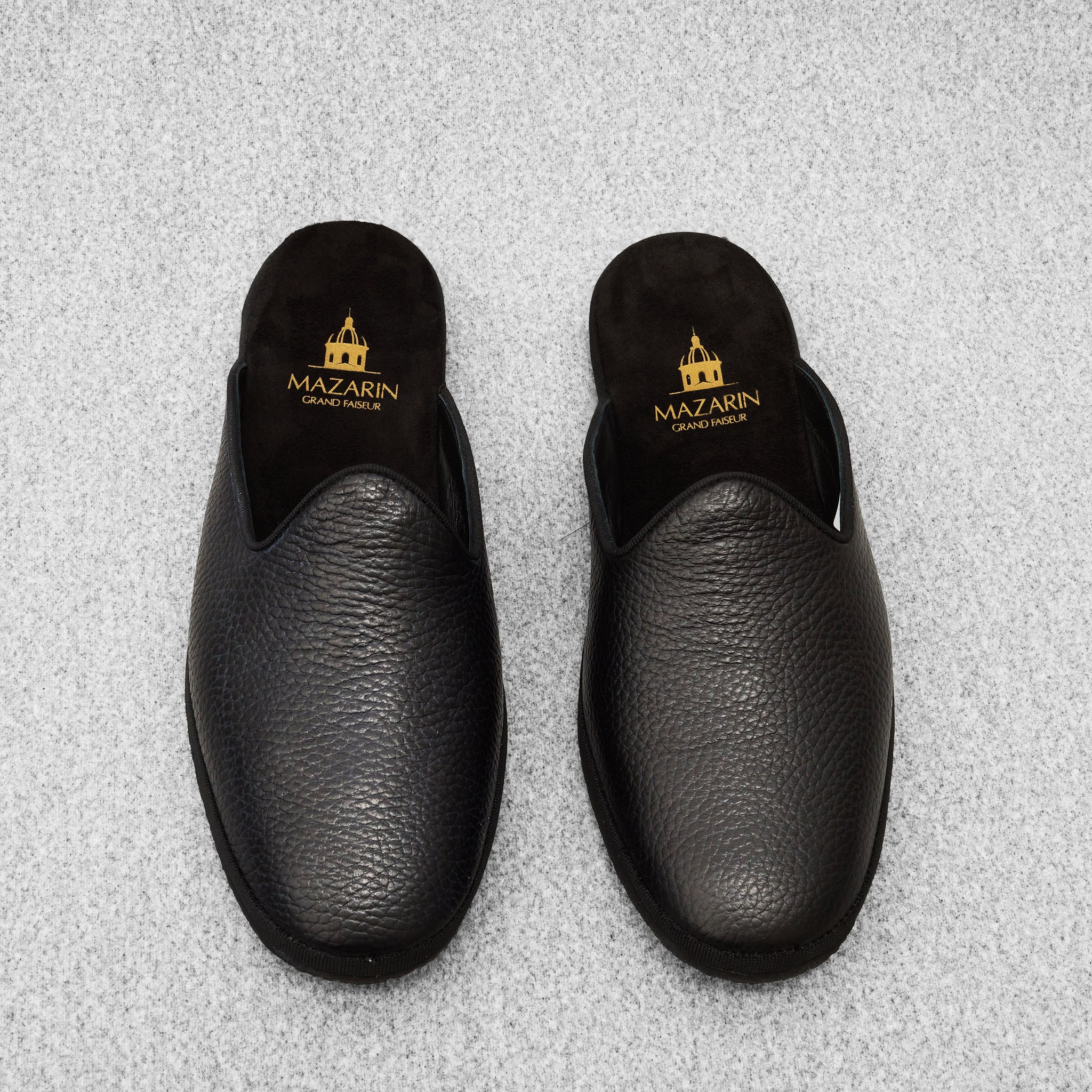 Black open slippers in grained leather - Mazarin - Mes Chaussettes