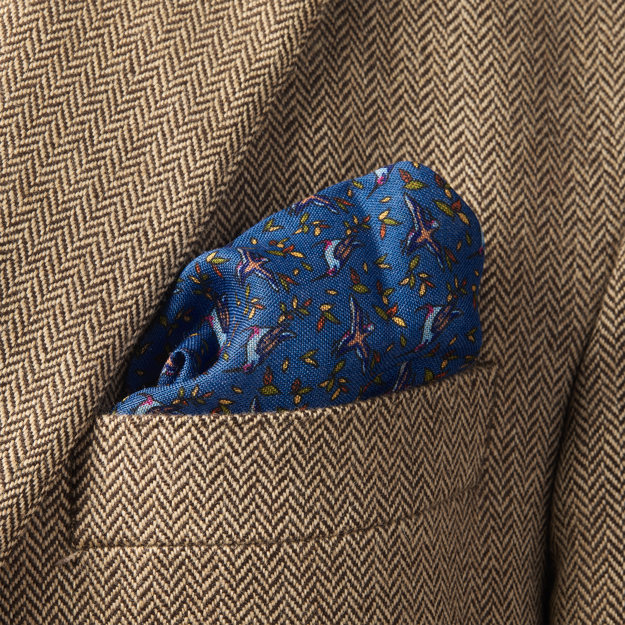 Einstecktuch Himmelblau & Orange - Vogelmotiv - Wolle & Seide