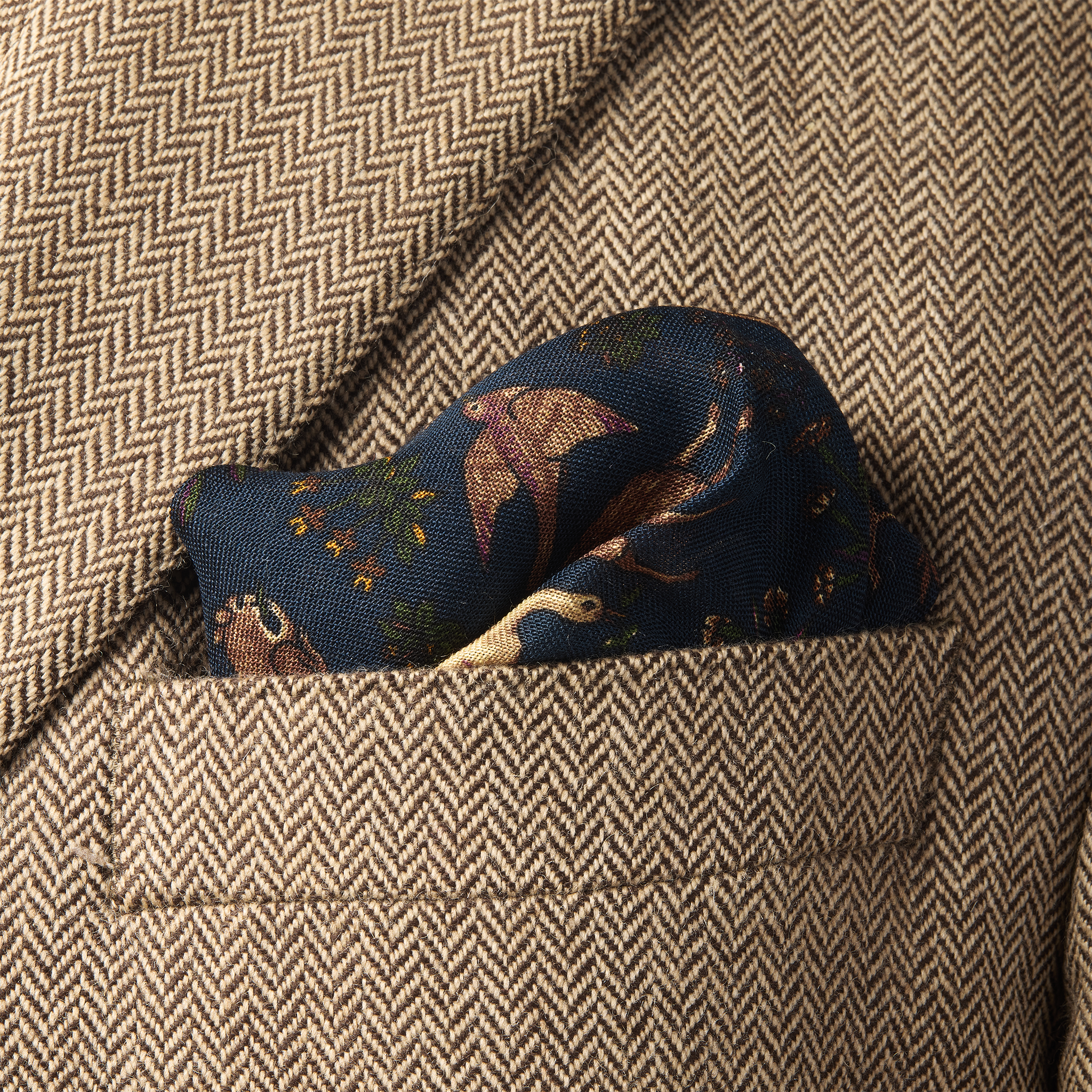 Einstecktuch Marineblau & Grün - Tiermotiv - Wolle & Seide