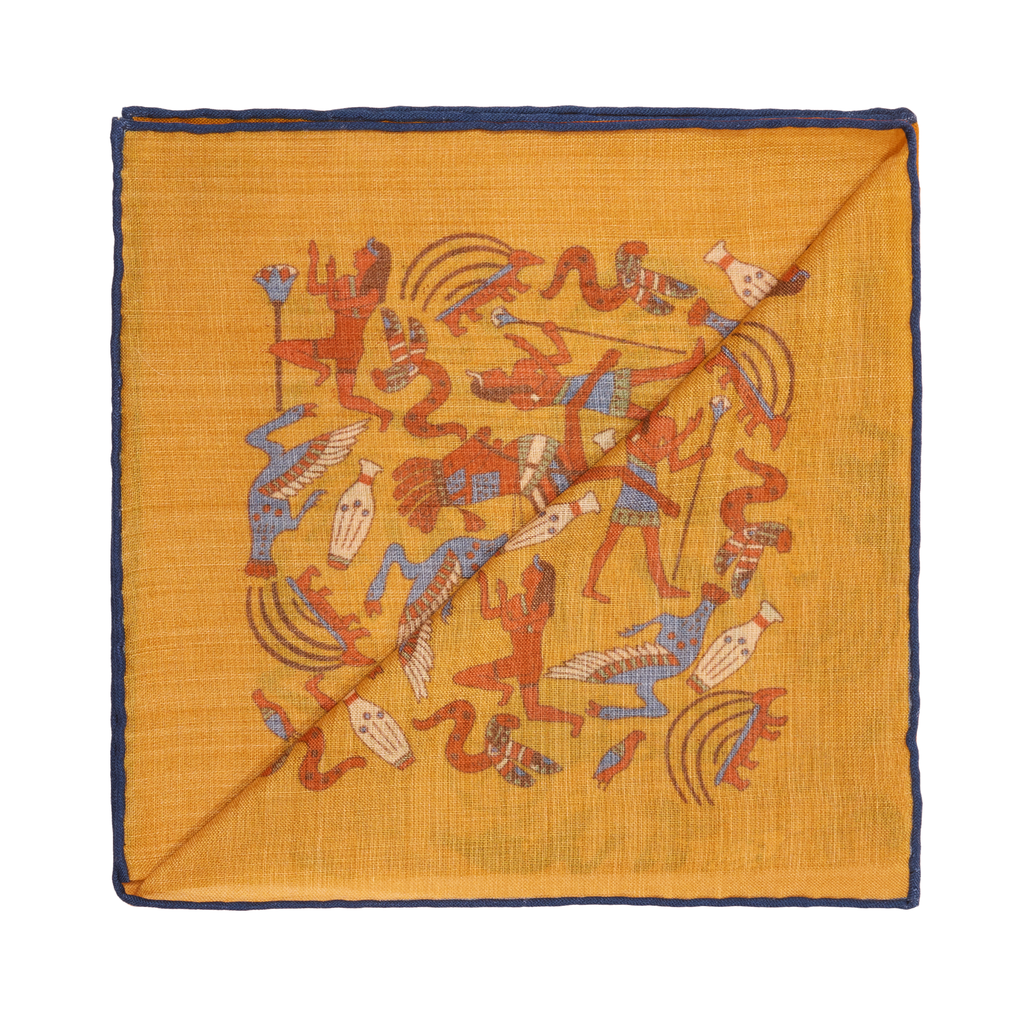Einstecktuch Ocker & Blau - Antikes-Ägypten-Motiv - Wolle & Seide