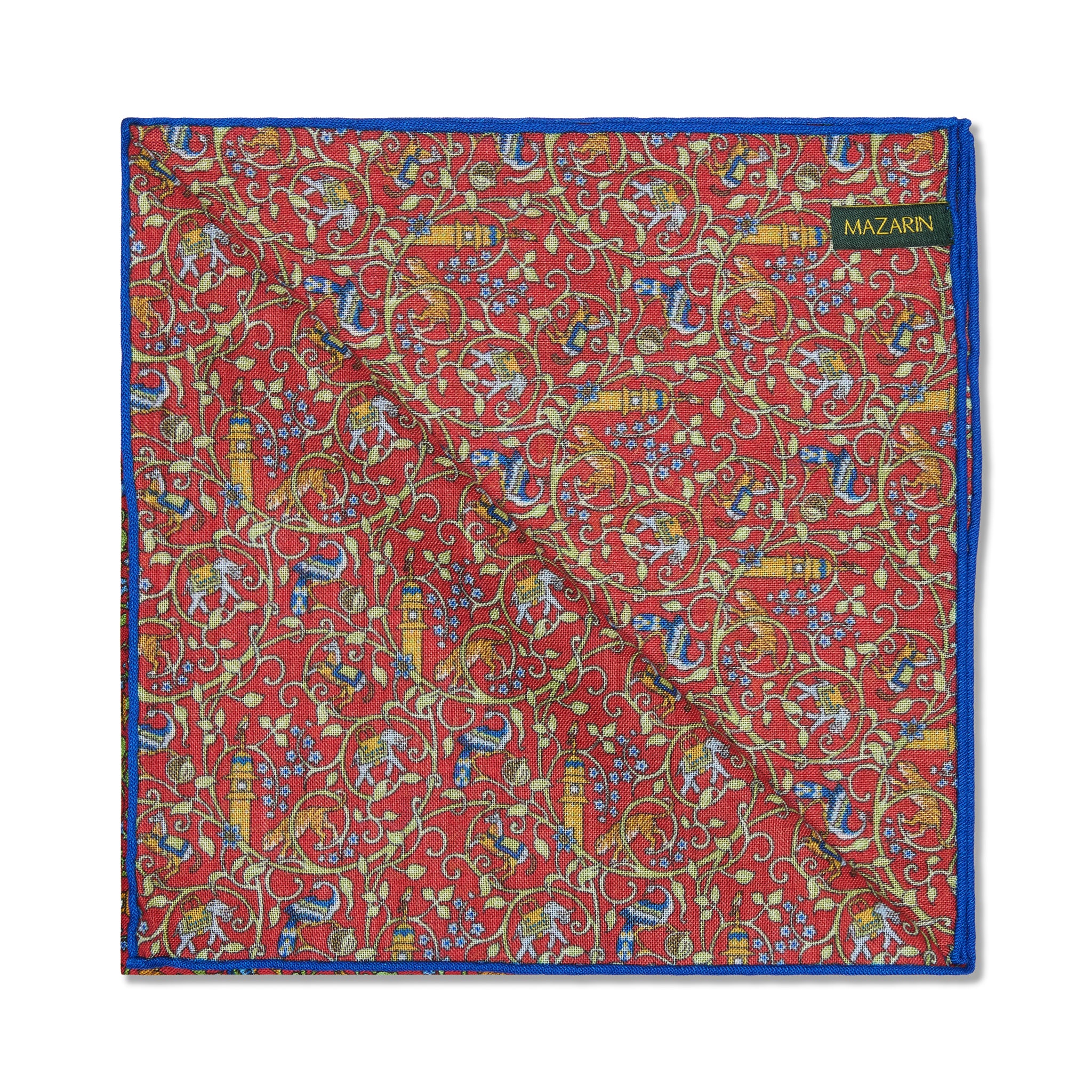 Einstecktuch Rot, Königsblau & Khaki – Bengal-Muster – Wolle & Seide