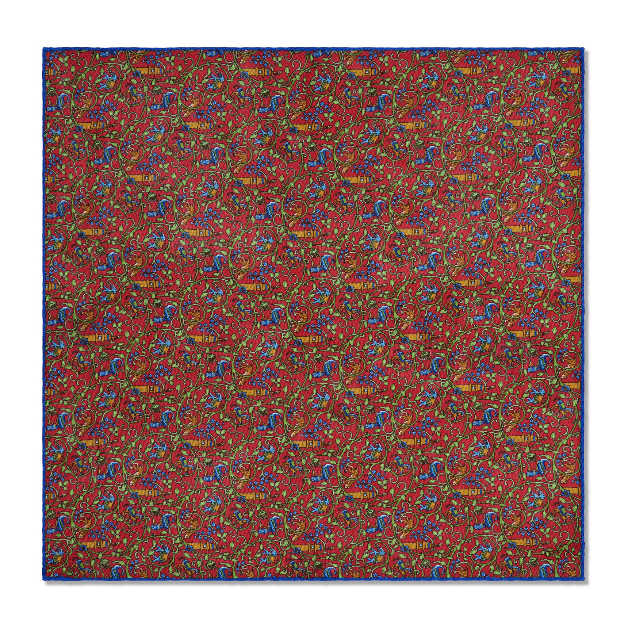 Einstecktuch Rot, Königsblau & Khaki – Bengal-Muster – Wolle & Seide