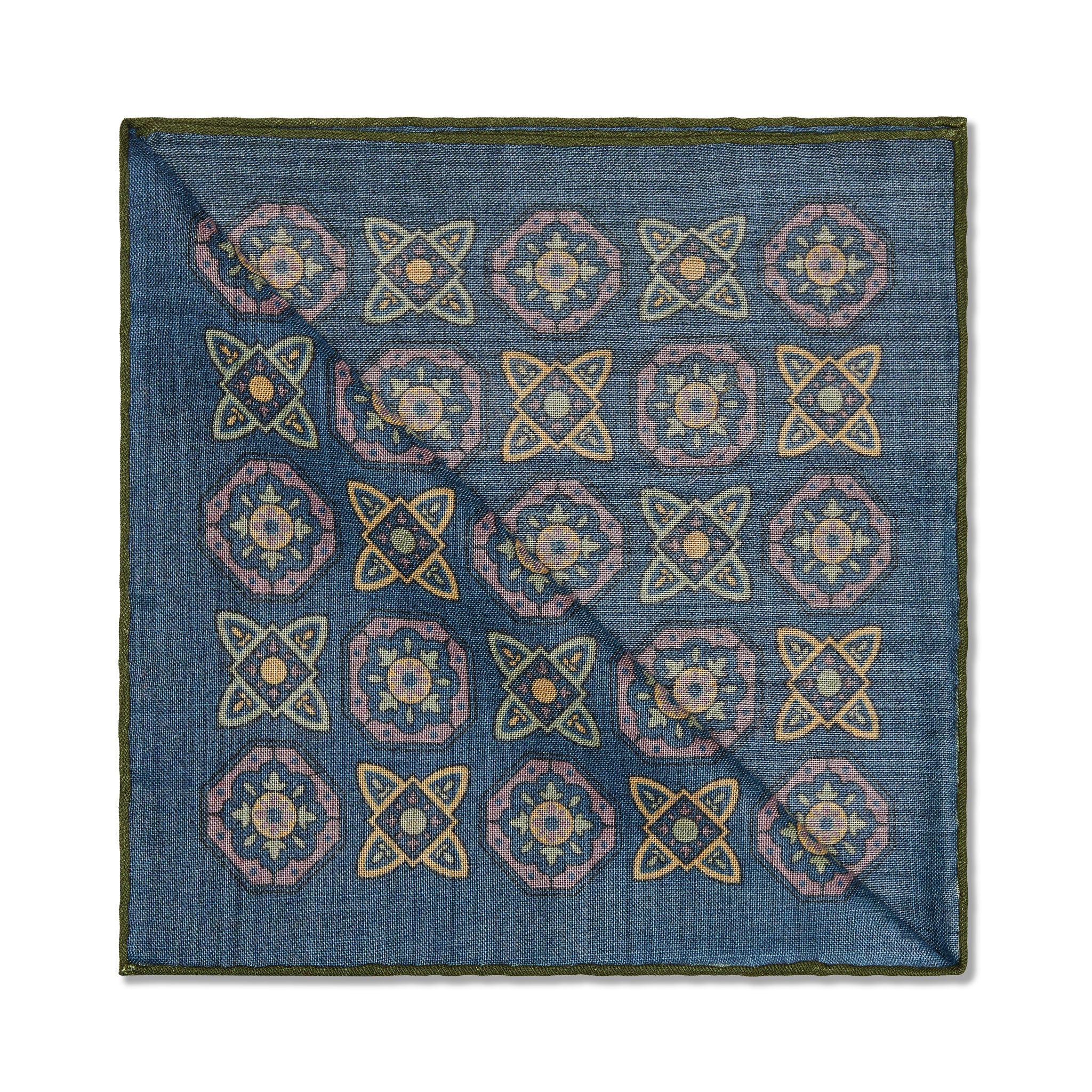 Einstecktuch Marineblau, Oliv & Gelb – Blumenmuster – Wolle & Seide