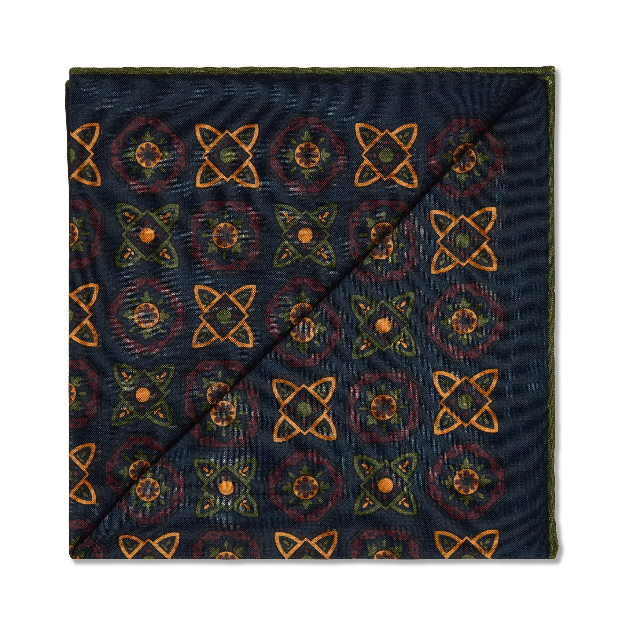 Einstecktuch Marineblau, Oliv & Gelb – Blumenmuster – Wolle & Seide