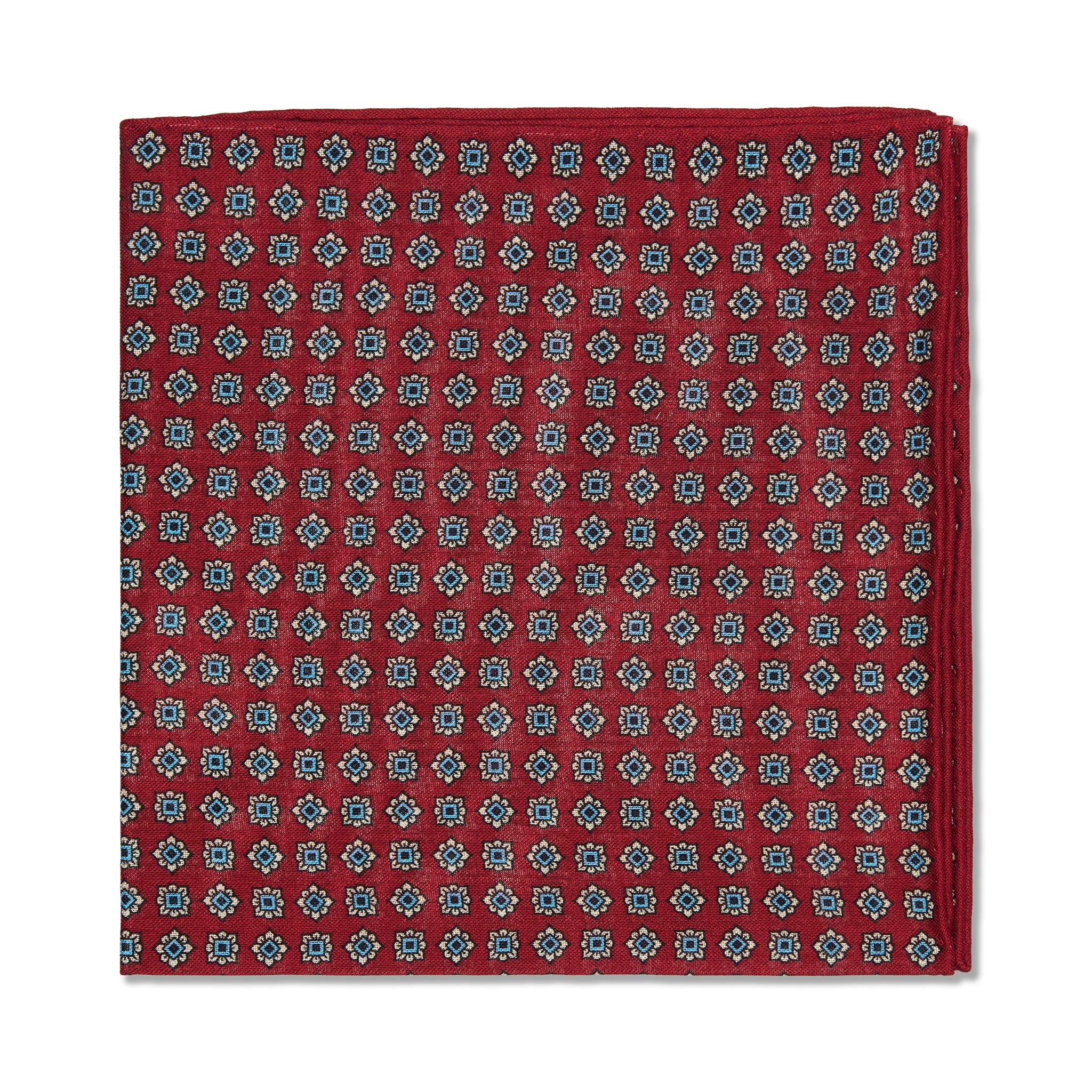 Pochette Rouge framboise, bleu ciel et blanc - Motif Floral - Laine & Soie