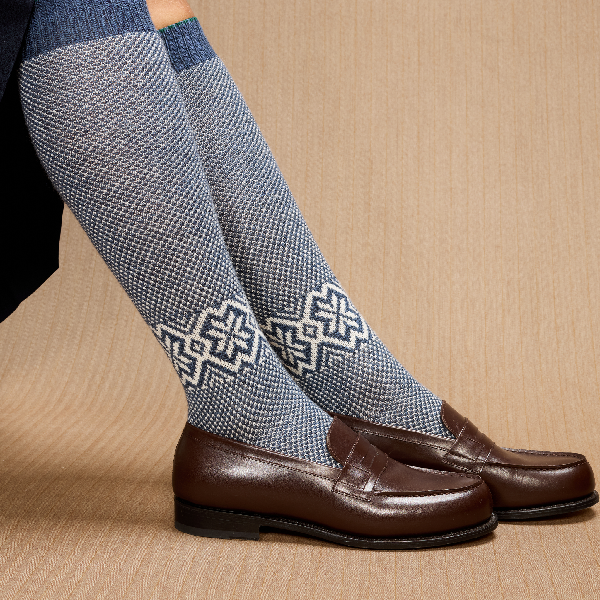 Marineblau & Beige - Norwegermuster Bison-Serie - Wolle