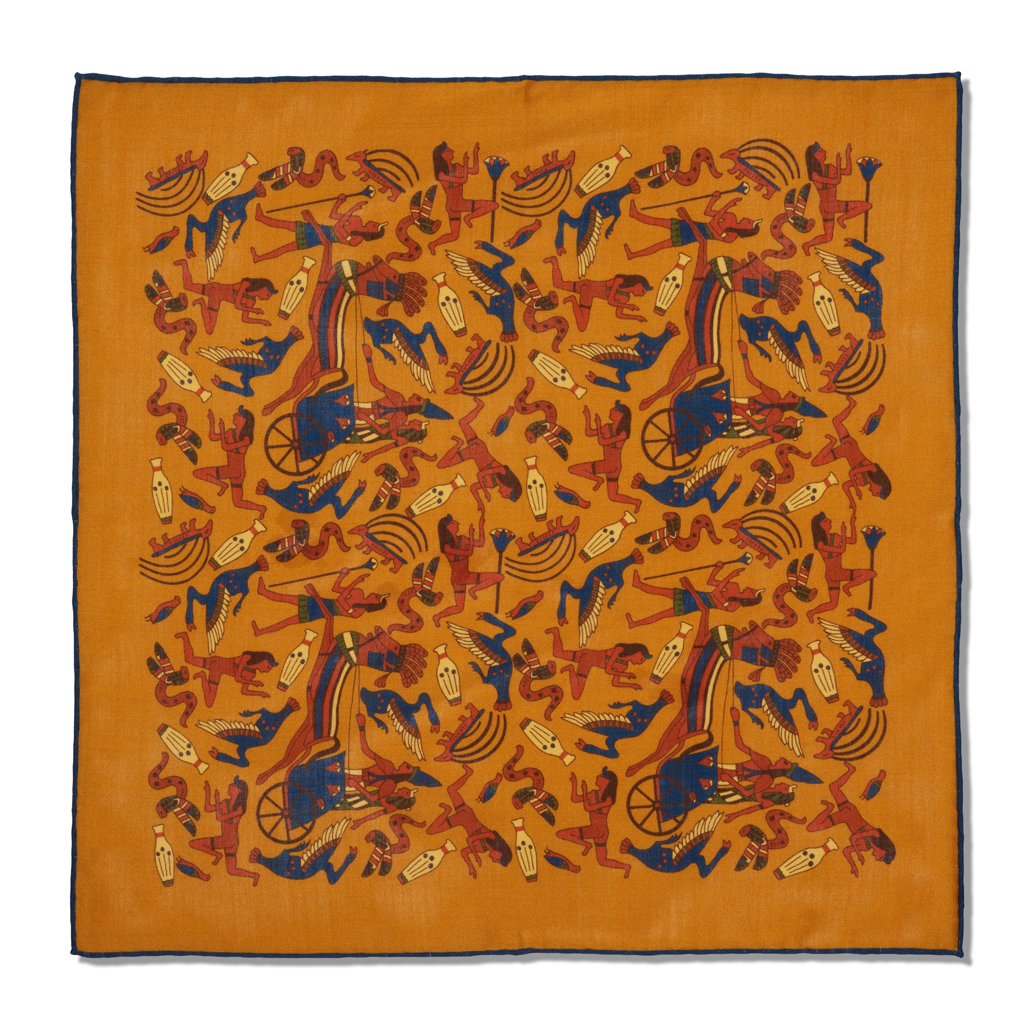 Einstecktuch Ocker & Blau - Antikes-Ägypten-Motiv - Wolle & Seide